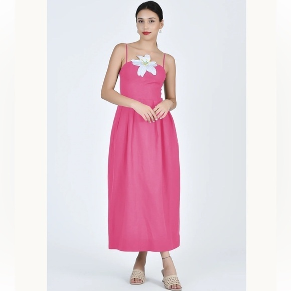 Fanm Mon LORR LINEN LATRICE DRESS Fuchsia Flower Embroidered Pleats Pockets $389 - Picture 3 of 16